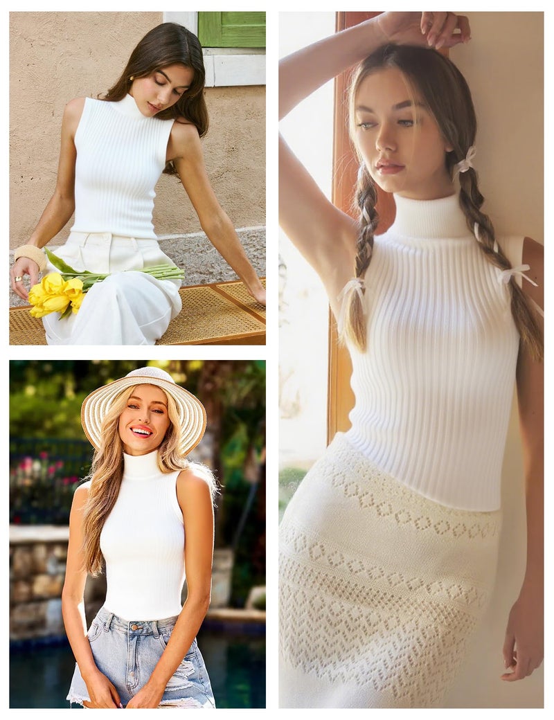 v28 Women Sleeveless High Neck Turtleneck Stretchable Knit Sweater Top (M, White) - Image 5